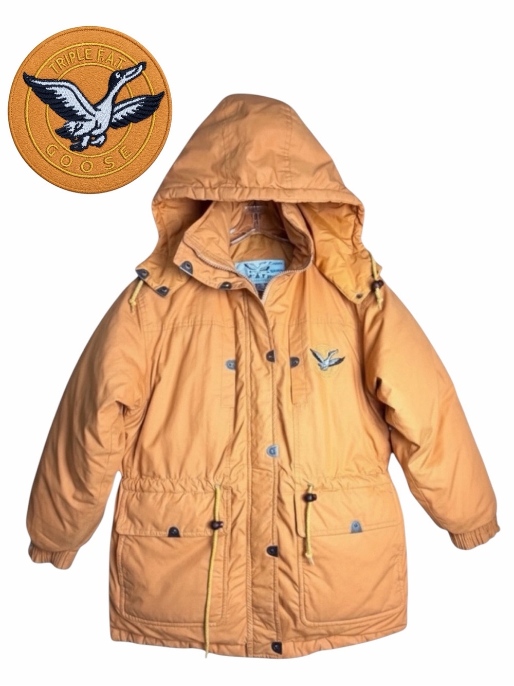 Vintage Triple F.A.T. Goose Down Parka Hooded‎ Jacket Tan Small Y2K